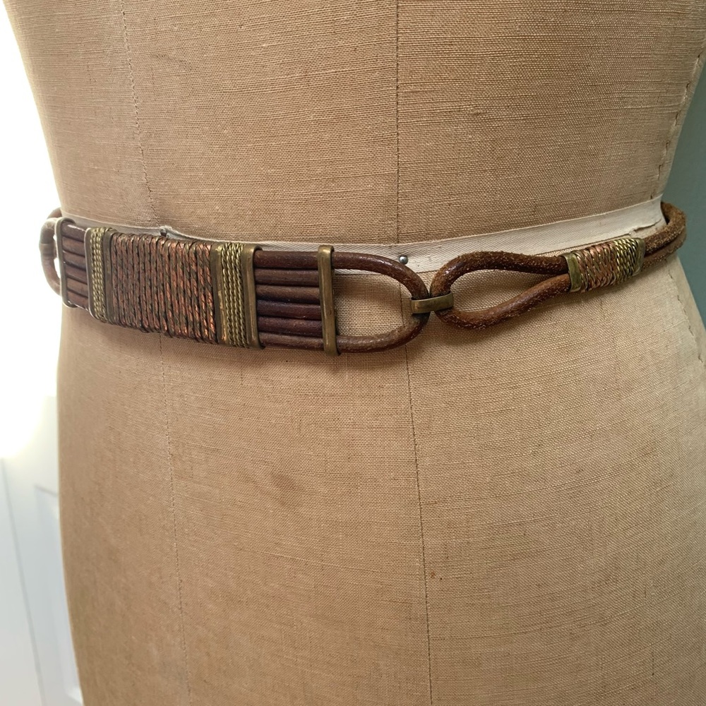 Vintage 70s Brutalist Mixed Metal Adjustable Leather and Copper Artisanal Belt - Picture 7 of 8